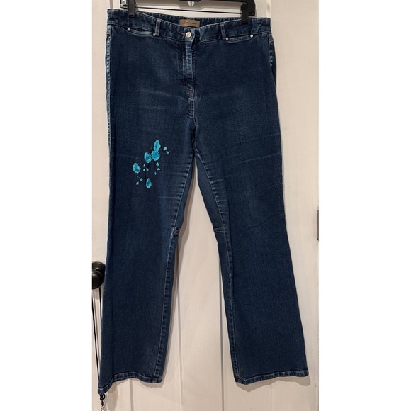 I.E. Relaxed Denim - i.e. relaxed Dark Wash Floral Embroidered Straight Leg Jeans Teal Flowers sz 14
